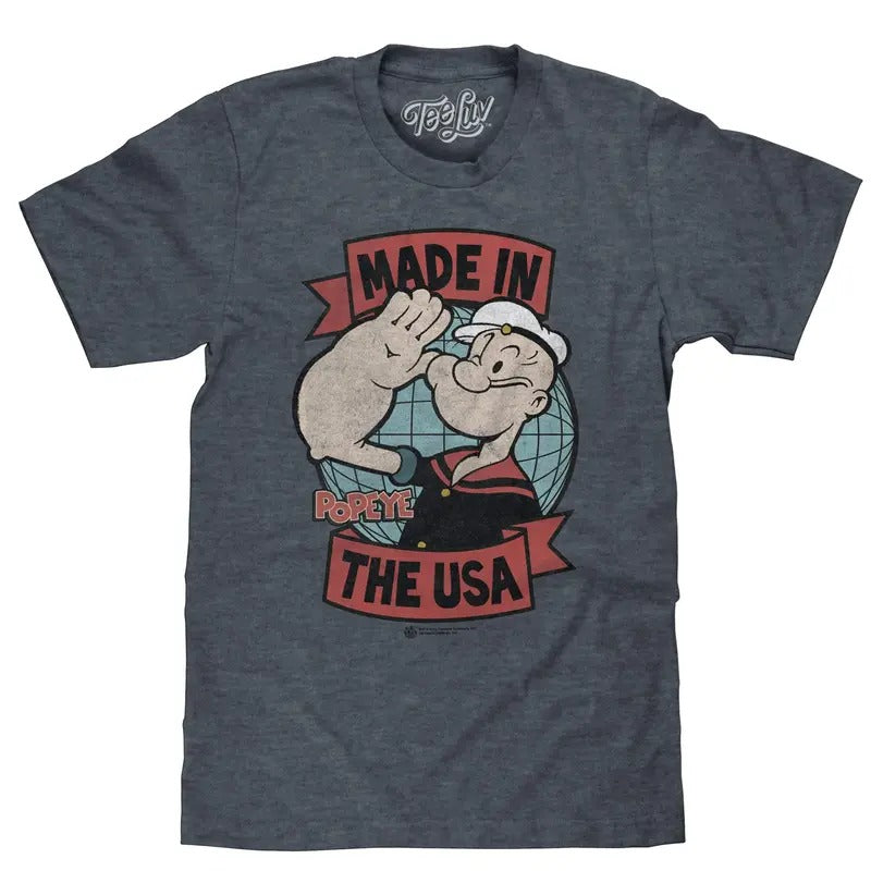 Retro Popeye Made in the USA T-Shirt - Indigo Heather Hoodie, Sweatshirt | InkThreadWorks.com