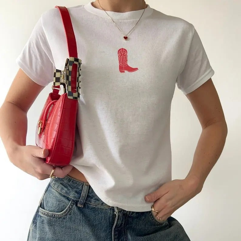 Retro Red Cowboy Boot Tee For Rodeo Vintage Country Baby Tee,  Aesthetic Western shirt For Concert Cowgirl Collar Cotton...