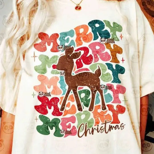 Retro Reindeer, Merry Christmas Christmas Sublimation T-Shirt Hoodie, Sweatshirt | InkThreadWorks.com
