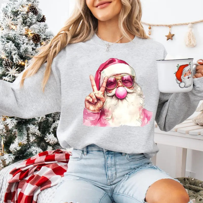 Retro Santa Christmas Blowing Bubble Sweatshirt, Vintage Merry Christmas Sweatshirt, Funny Santa With Sunglasses Xmas...