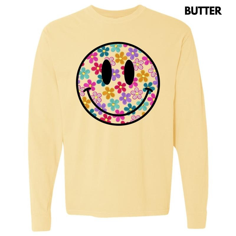 Retro Smiles & Flowers Long Sleeve Comfort Colors T-Shirt 'NLB' Hoodie, Sweatshirt | InkThreadWorks.com