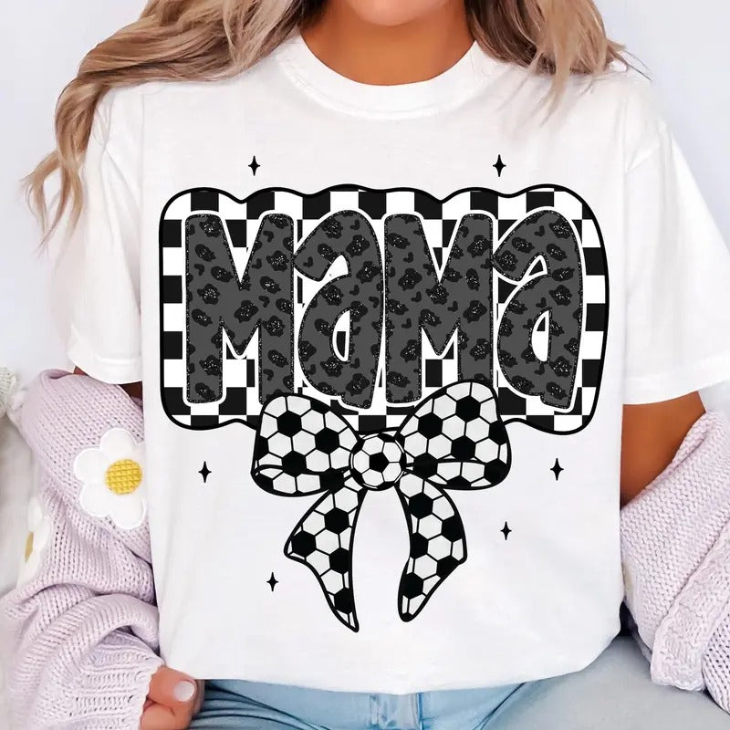 Retro Soccer Mama T-Shirt, Soccer Mama T-Shirt, Soccer Coquette T-Shirt, Game Day Soccer Bow T-Shirt, Checkered Soccer...