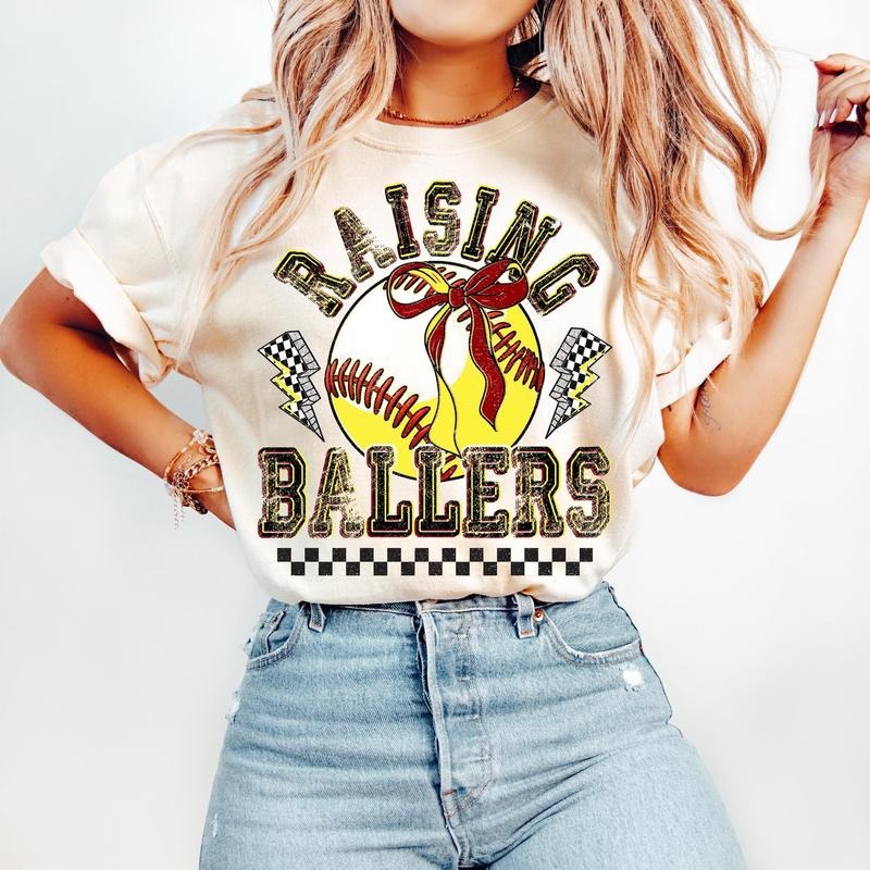 Retro Softball Baseball T-Shirt, Raising Ballers T-Shirt, Game Day Softball T-Shirt, Baseball Coquette Bow T-Shirt,...