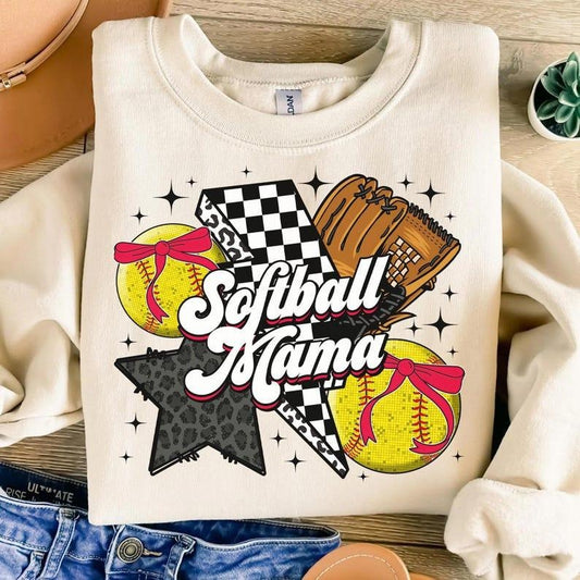Retro Softball Mama Sweatshirt Softball Coquette Game Day Softball Bow Checker Softball Mom T-Shirts, Hoodie