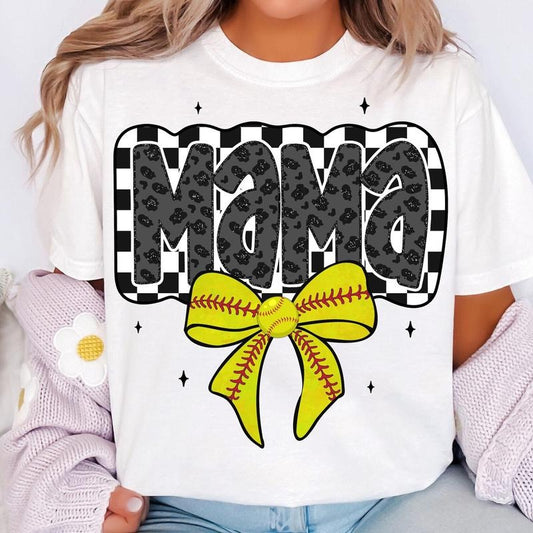 Retro Softball Mama T-Shirt, Softball Mama T-Shirt, Softball Coquette T-Shirt, Game Day Softball Bow T-Shirt, Checker...