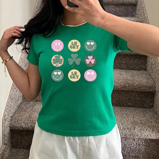 Retro St. Patrick's Day Baby Tee, St Patrick's Day, Clover, Hearts Retro Groovy, Fashion, Baby Tee, Y2K 2000's Style,...