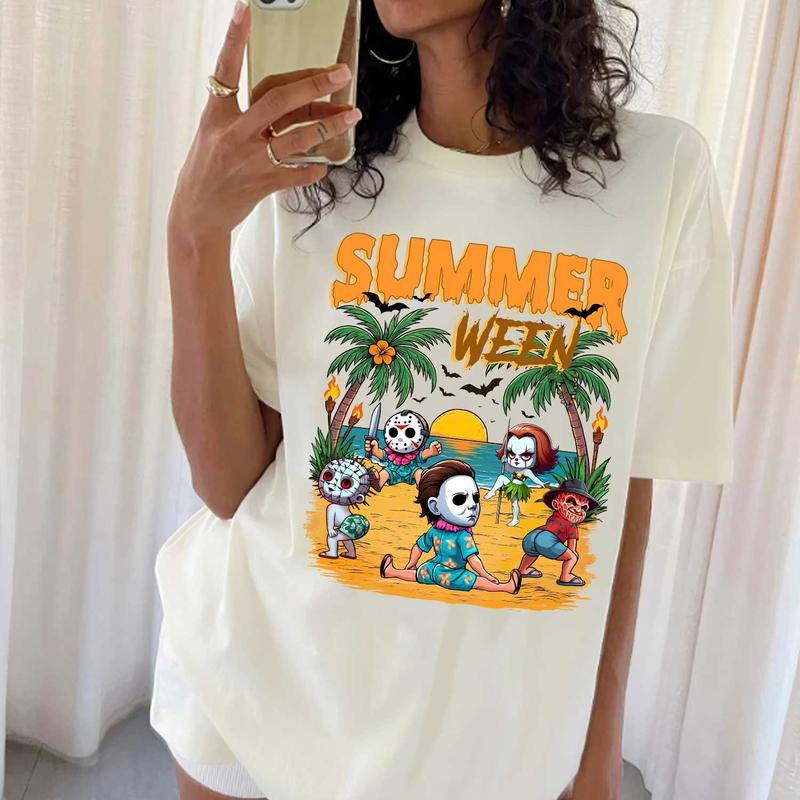 Retro Summer Halloween Shirt, Funny Summerween Tee, Halloween Funny Horror Characters T-Shirt, Horror Summer Holiday, Trendy Summer Halloween Shirt