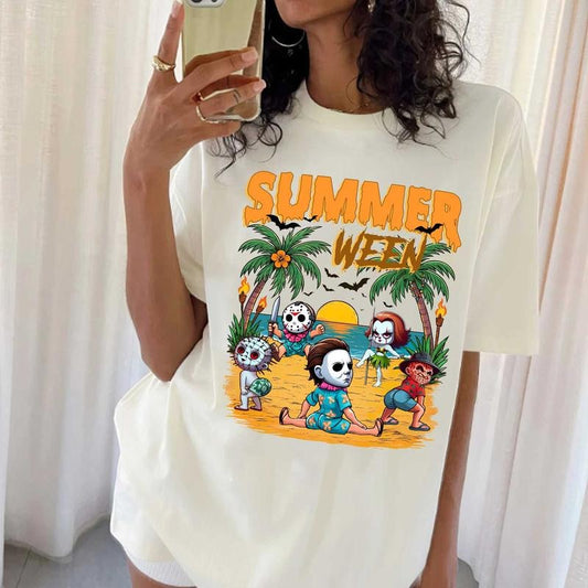 Retro Summer Halloween Shirt, Funny Summerween Tee, Halloween Funny Horror Characters T-Shirt, Horror Summer Holiday, Trendy Summer Halloween Shirt