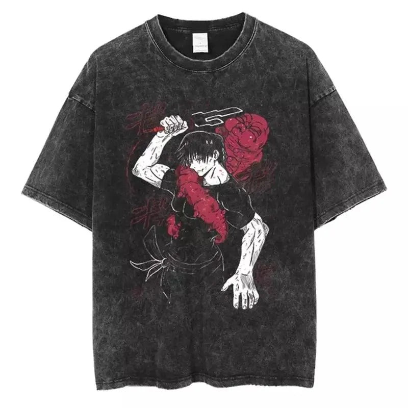 Retro Washed T-shirt Jujutsu Kaisen Fushiguro Megumi Fashion Short Sleeves Hoodie, Sweatshirt | InkThreadWorks.com
