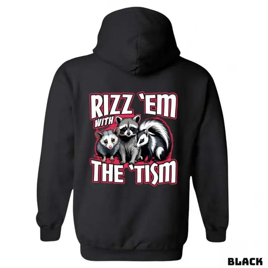 Rizz 'Em With The 'Tism sweatshirt-tshirt-hoodie, Featuring a playful tshirt of raccoons and skunks, perfect for both men...