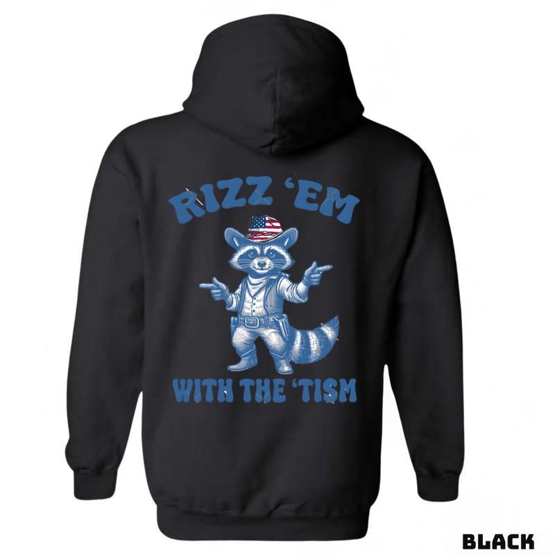 Rizz 'Em With The 'Tism sweatshirt-tshirt-hoodie, Featuring a raccoon wearing an American cowboy hat and sunglasses, bringing a fun and unique style
