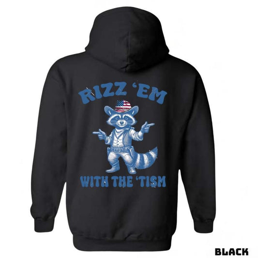 Rizz 'Em With The 'Tism sweatshirt-tshirt-hoodie, Featuring a raccoon wearing an American cowboy hat and sunglasses, bringing a fun and unique style