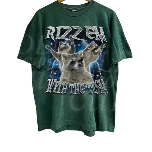Rizz Em With The Tism Raccoon Vintage Graphic Shirt, Retro 90s Raccoon Rizz Graphic Shirt, Autism Awareness, Silly Shirt Lovers, Weird Shirt