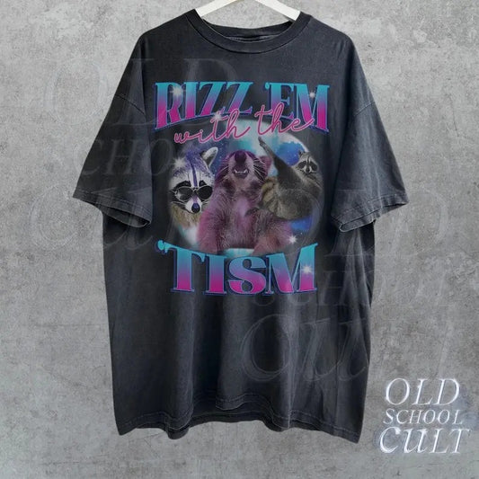 Rizz Em With The Tism Retro Shirt, Vintage Funny Raccoon Graphic Shirt, Autism Awareness, Raccoon Meme Tee, Relaxed Soft Cotton Shirt