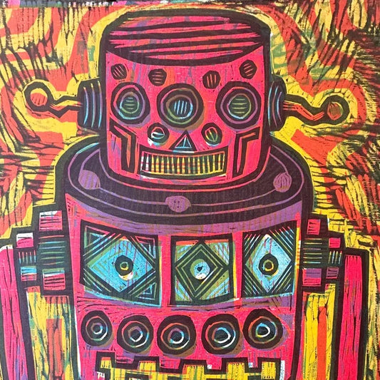 Robot Color Woodcut Hand Pulled Print many color ways available Decor Poster Photo Wall