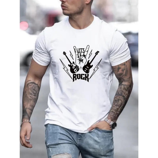 Rock Guitar Graphic Men's Short Sleeve T-shirt, Comfy Stretchy Trendy Tees For Summer, Casual Daily Style Fashion Clothing Made in USA