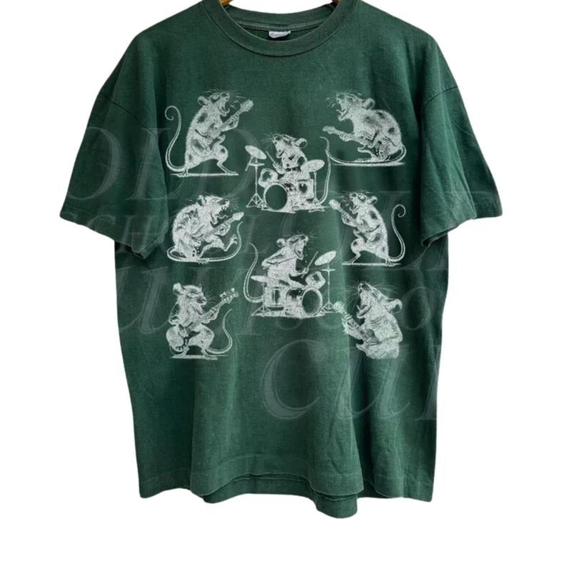 Rocker Rats Vintage 90s T-Shirt, Retro Rat Playing Rock Guitar Tshirt, Gothic Grunge Clothing, Horror Rat Playing Drums...