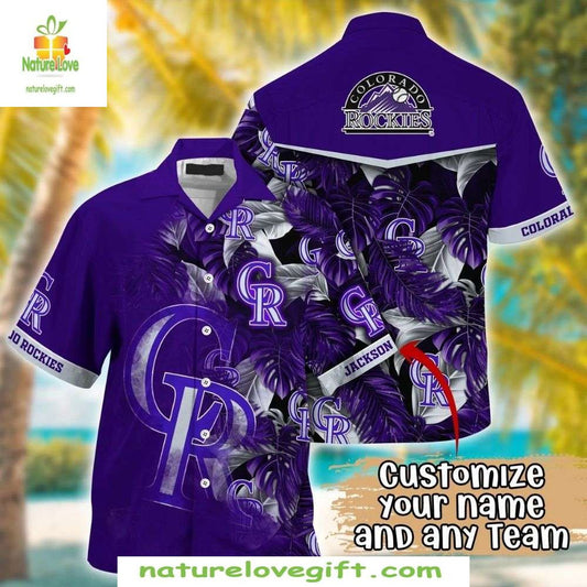 MLB Hawaiian Shirt Rockies Purple Leaves Customizable Name Baseball Apparel