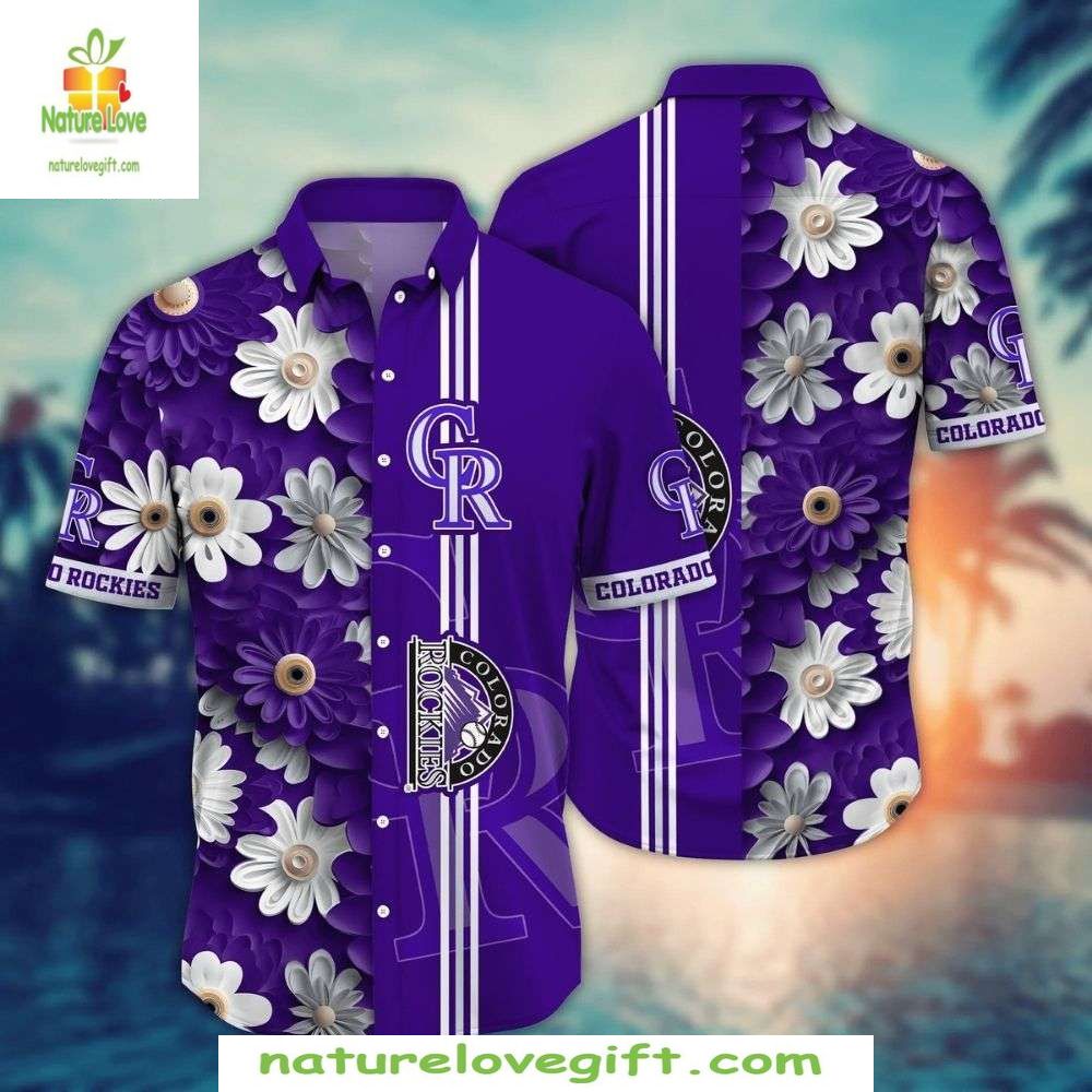 Colorado Rockies Floral Burst Hawaiian Shirt Vibrant Purple Baseball Apparel