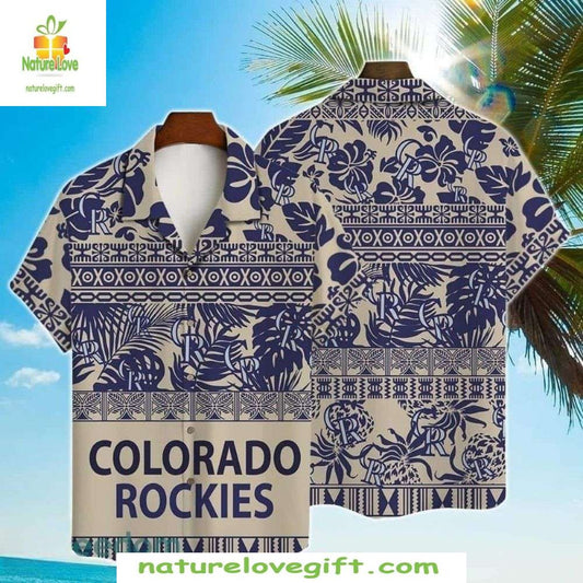 MLB Hawaiian Shirt Rockies Navy Tribal Diamond Tropical Baseball Apparel