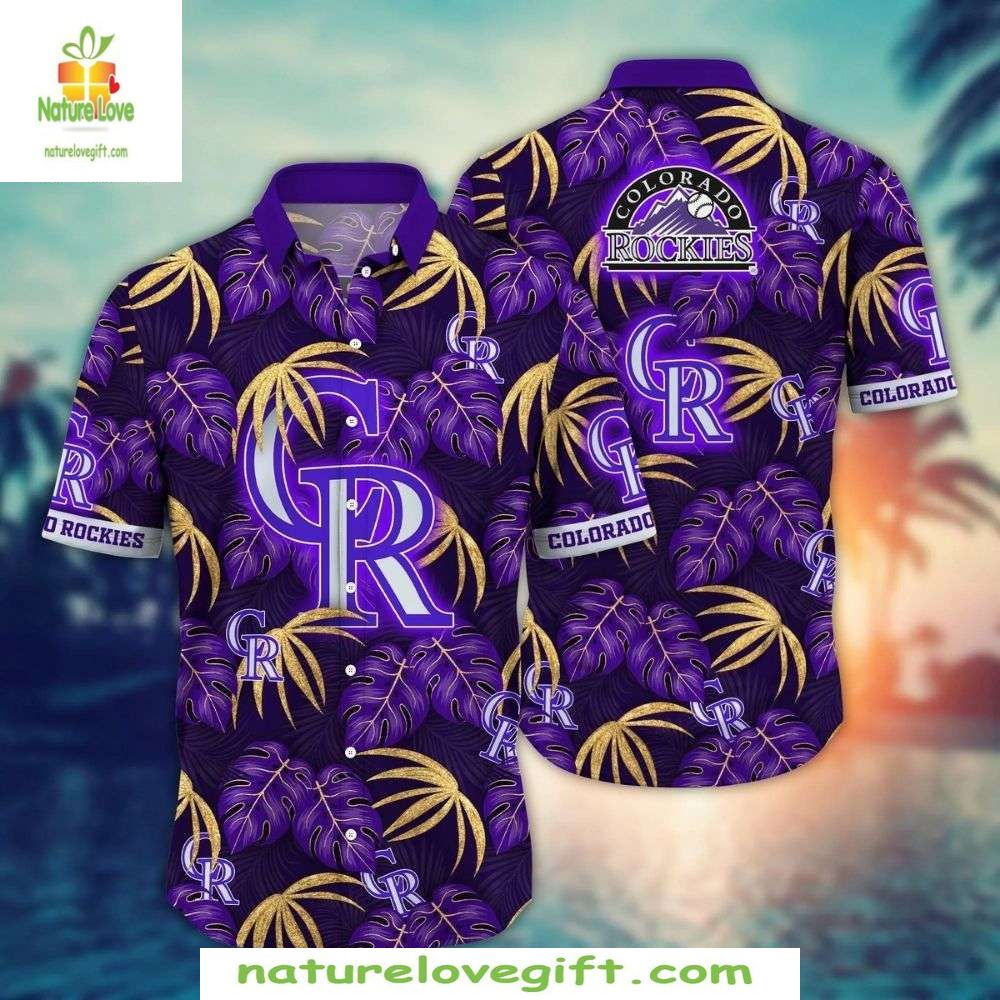 MLB Hawaiian Shirt Rockies Palms Gold Colorado Tropical Baseball Apparel