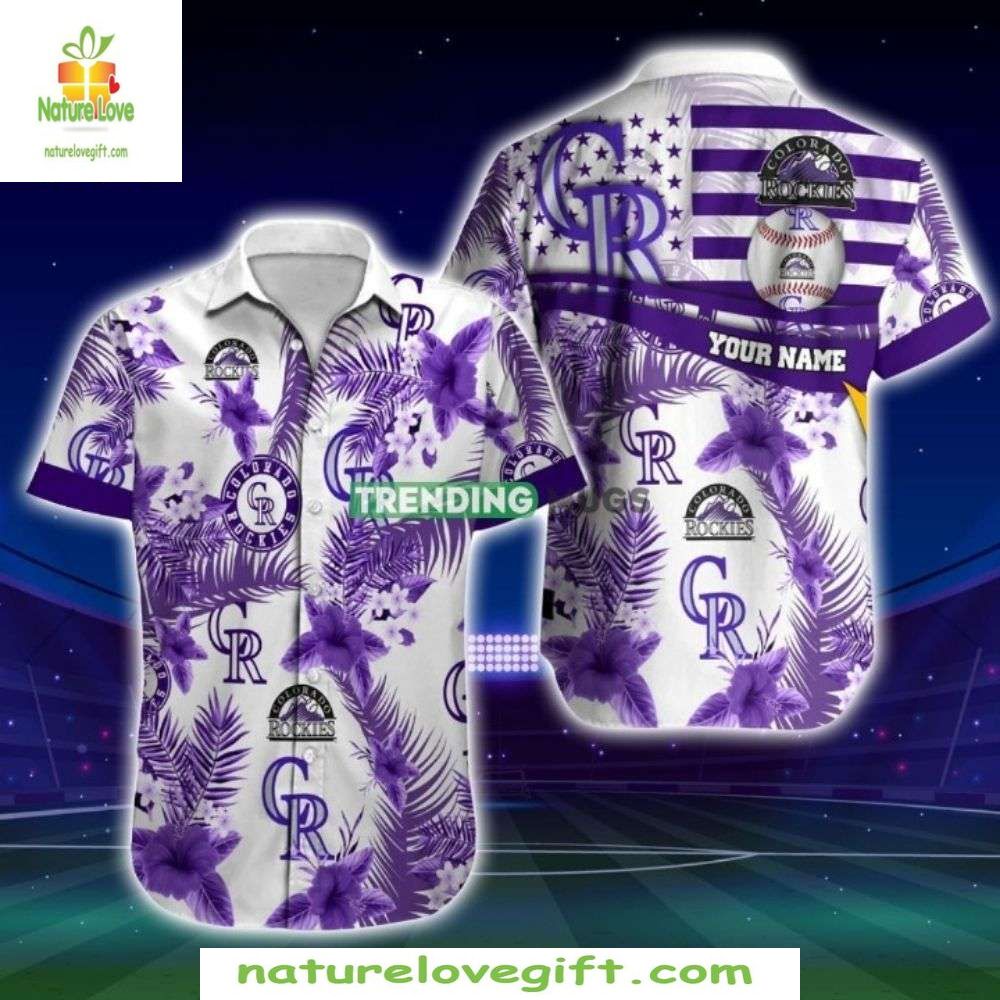 MLB Hawaiian Shirt Rockies White Purple Palm Aloha Baseball Apparel