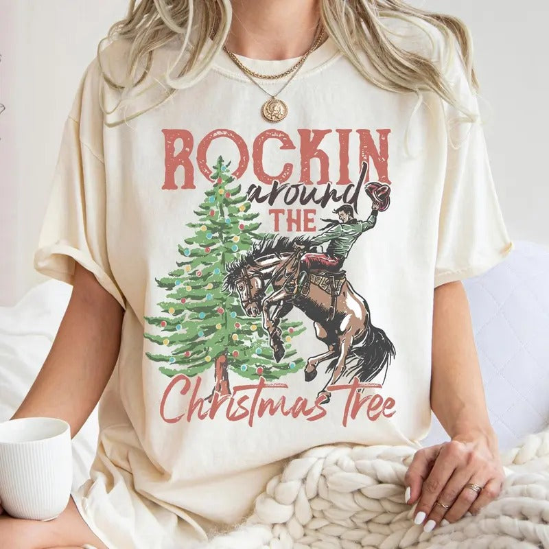 Rockin around the Christmas Tree Countryside Western Cowboy Shirt, Retro Vintage Western Christmas Unisex Tee Hoodie,...
