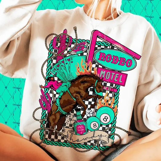 Rodeo Motel Western Cowboy Sweater, Neon Wild West Checkered Rodeo Shirt, Vintage Country Aesthetic Shirt, Gift for Her...