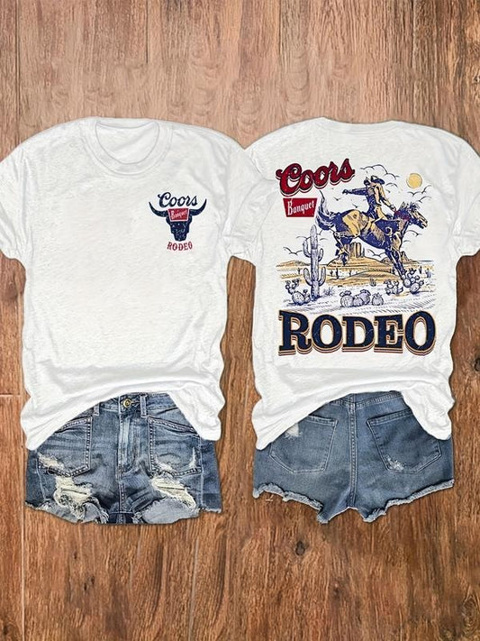 Rodeo Print T-shirt, Casual Crew Neck Short Sleeve Top For Spring & Summer, Women's Clothing Comfort Cotton Hoodie,...