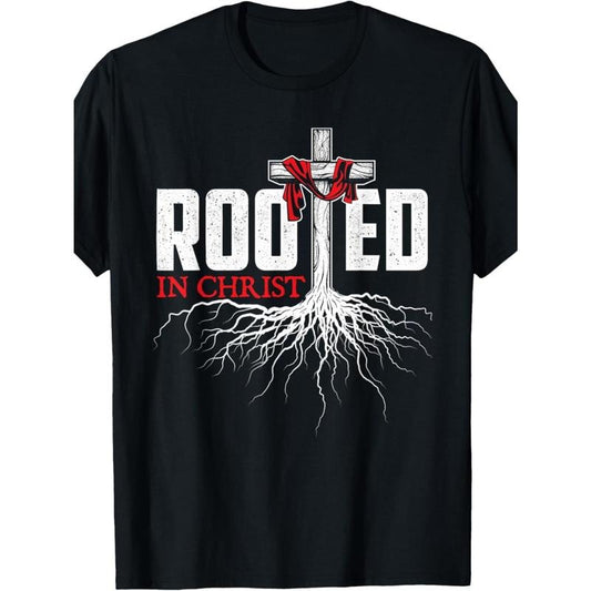 Rooted in Christ Men's T-Shirt - Black Cotton Christian Faith Graphic Tee with Cross Design, Casual Loose Fit Short Sleeve Summer Shirt for Casual Attire, Religious Clothing | Sporty Style Tee | Organic Cotton Shirt, Vintage T Shirts Made in USA