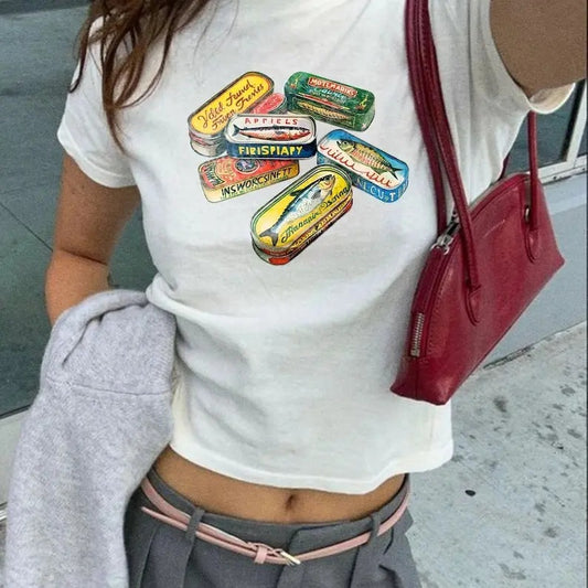 Round Neck Sardine Tins Baby Tee - Cute Fish Tin Shirt for Babies | Classic Streetwear Top, Vintage Style Trending Women's Tee