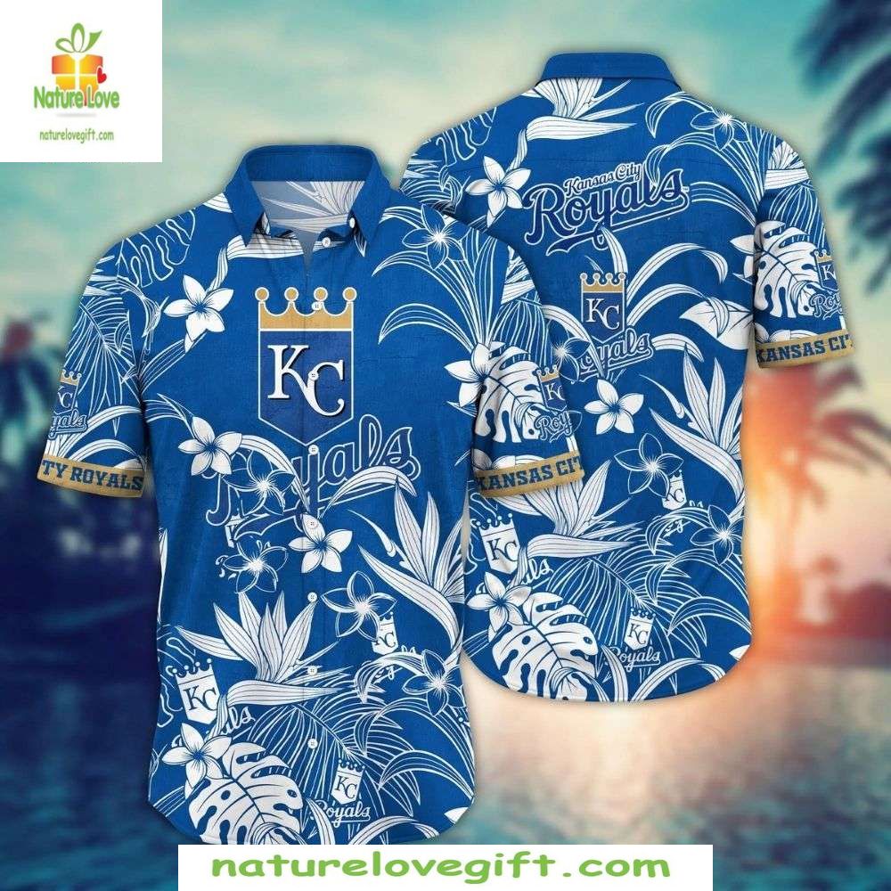 KC Royals Tropical Hawaiian Shirt Royal Palms Florals Vibrant Blue Baseball Apparel