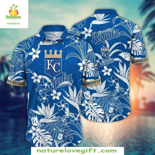 KC Royals Tropical Hawaiian Shirt Royal Palms Florals Vibrant Blue Baseball Apparel