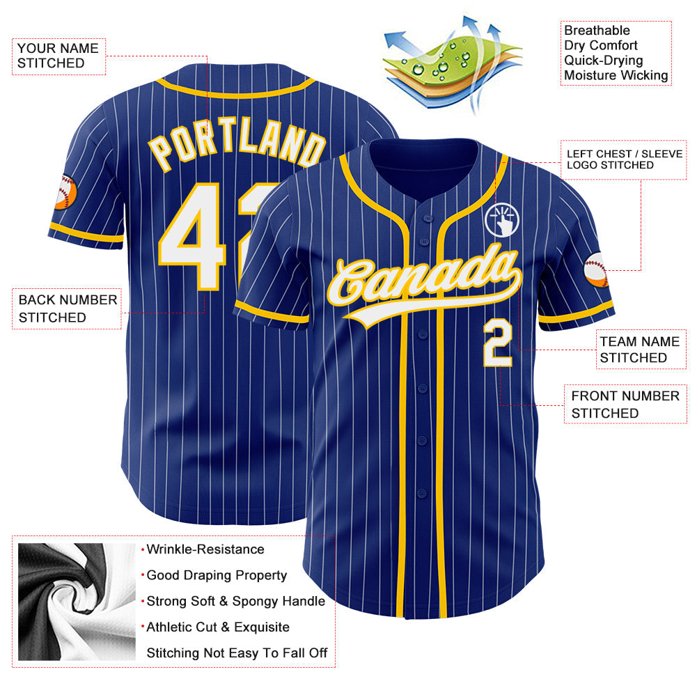 Custom Royal White Pinstripe Yellow Authentic Baseball Jersey