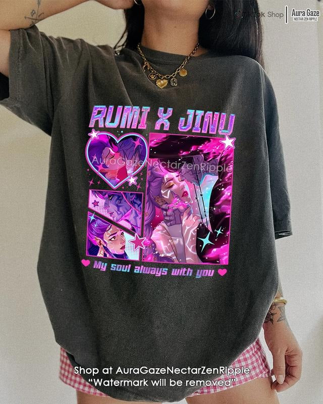 Rumi and Jinu 2 KPop Demon Hunters Comfort Colors Unisex Tshirt For Fan, KPop Demon Hunters Shirt, Celebrity Crush Movie Merch, Huntrix, Saja Boys Tee