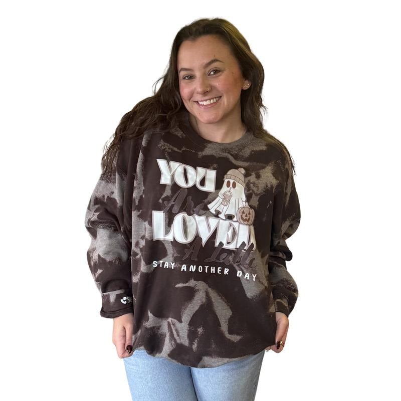 SAD Stay Another Day You Are Loved A Latte October Exclusive Halloween Bleach Dye Mental Health Awareness Crewneck...