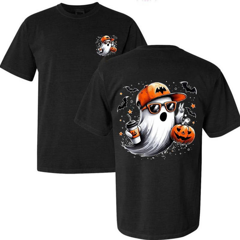 [SALE UP TO 45%] Cool Ghost Halloween with Pumpkin & Coffee T-Shirt | Spooky Season Fall Graphic Tee for Men Women