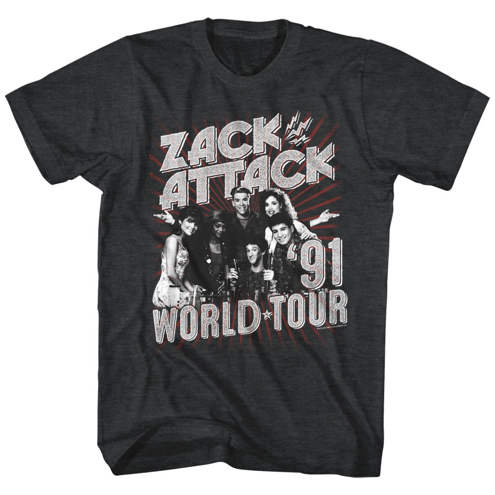 Saved By The Bell Mens S/S T-Shirt - Zack Attack World Tour - Heather Black Heather