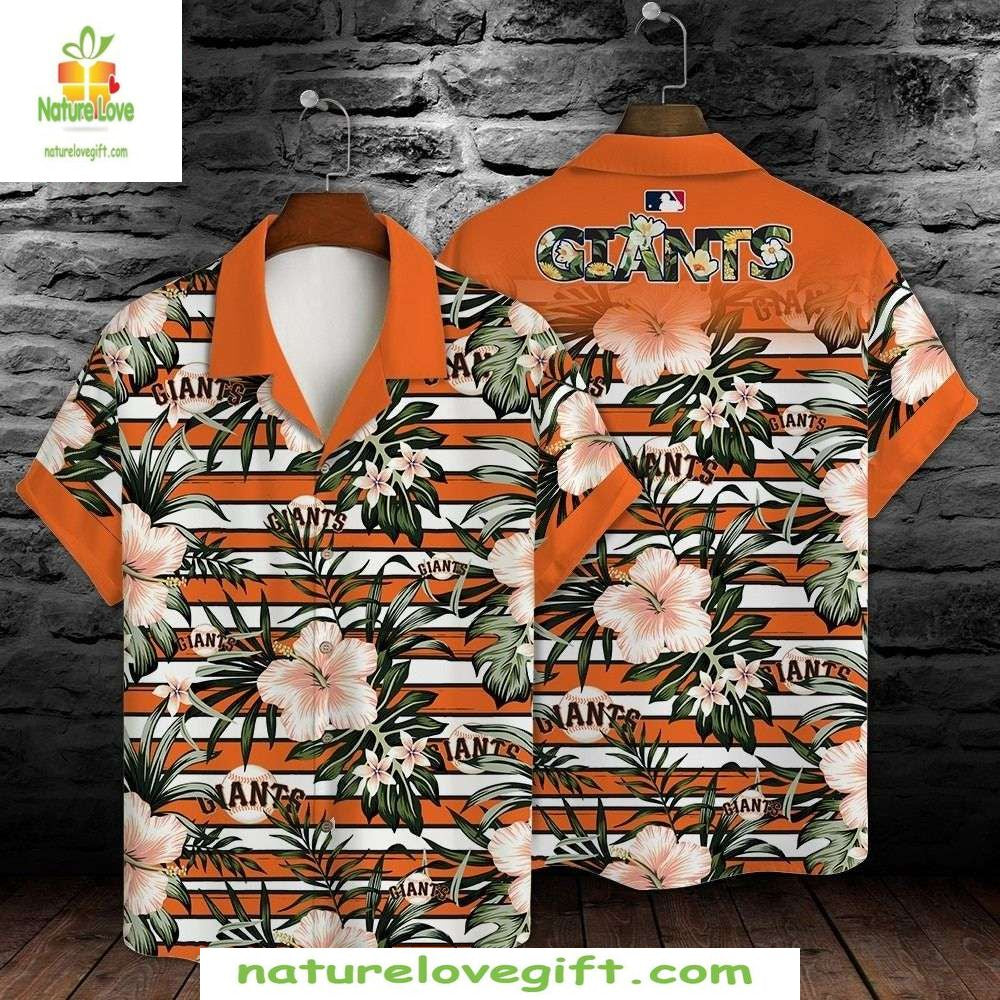 SF Giants Hawaiian Shirt Orange Hibiscus Striped Tropical Baseball Apparel