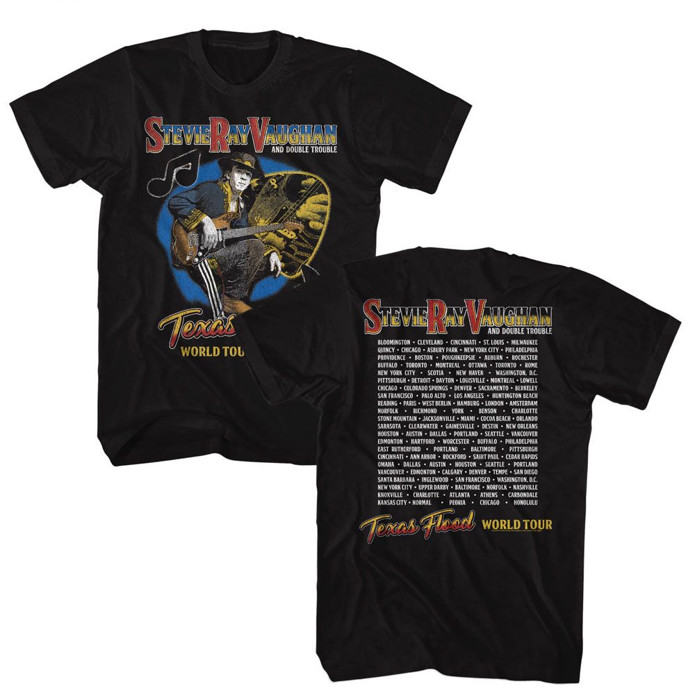 Stevie Ray Vaughan - Texas Flood World Tour - American Classics - Solid Black Adult Short Sleeve T-Shirt
