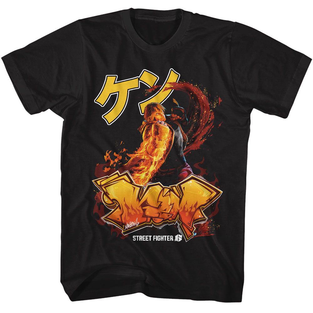 Street Fighter - Ken Graffiti - American Classics - Solid Black Adult Short Sleeve T-Shirt
