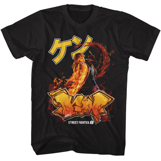 Street Fighter - Ken Graffiti - American Classics - Solid Black Adult Short Sleeve T-Shirt