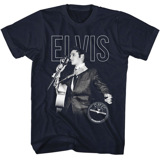 Elvis Presley - On The Mic - American Classics - Solid Blue Adult Short Sleeve T-Shirt