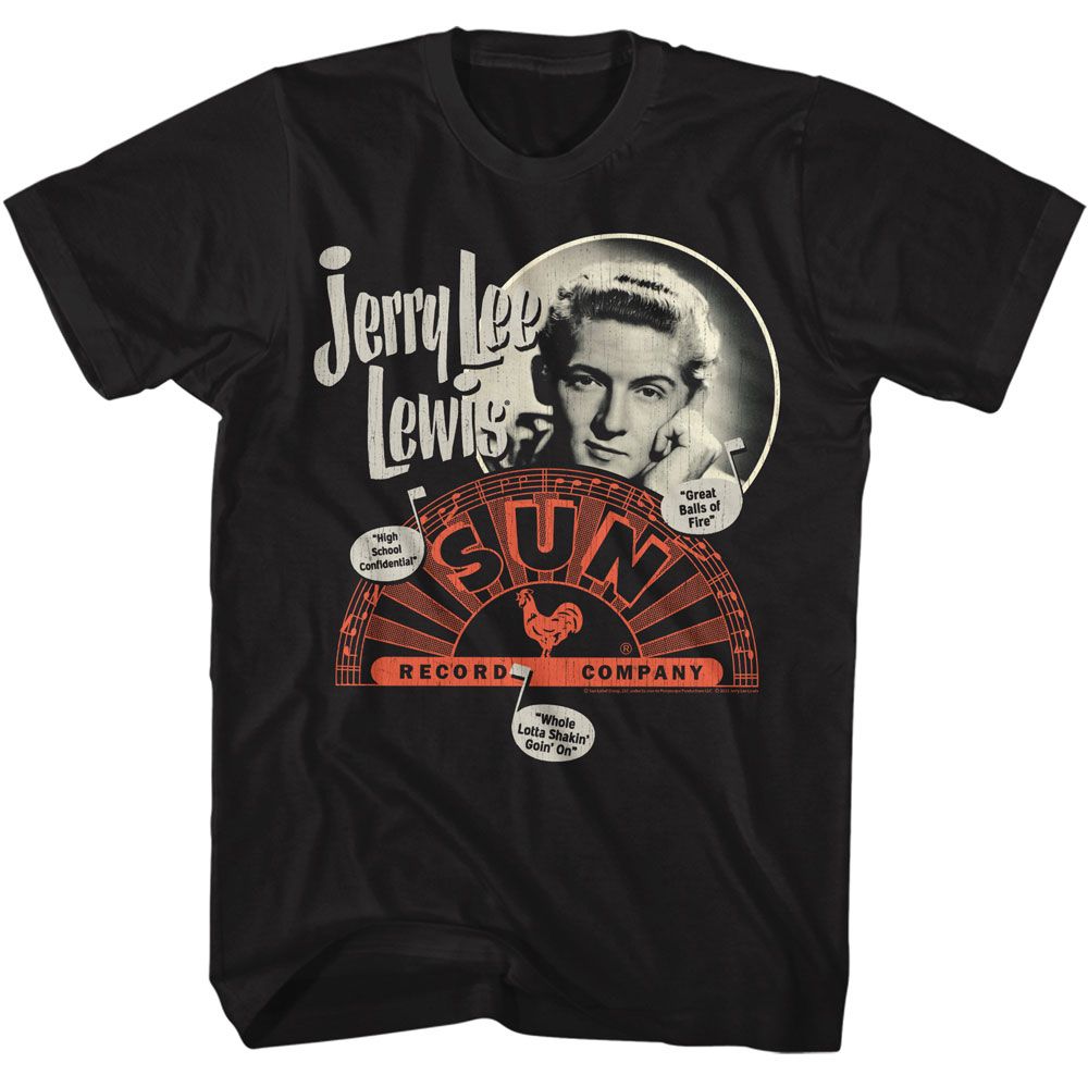 Sun Records - Jerry Lee Lewis Music Note Song Titles - American Classics - Solid Black Adult Short Sleeve T-Shirt