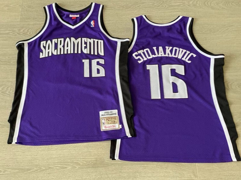 Sacramento Kings #16 Peja Stojakovic mitchell&ness Kings 16 # Ja 2002-03 Season Purple Embroidered Style 3