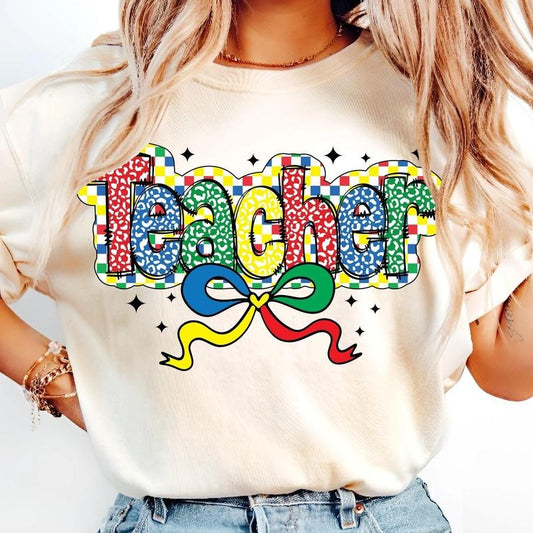 [Sale To 45% Off] Autism Teacher Coquette T-Shirt, Checkered Bow, Awareness Puzzle T-Shirt, Special Ed, In April We Wear...