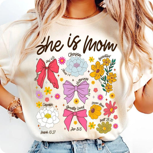 [Sale To 45% Off] She Is Mom Coquette T-Shirt, Christian Mama Floral Wildflower T-Shirt, Retro Boho Mother's Day, Bible...