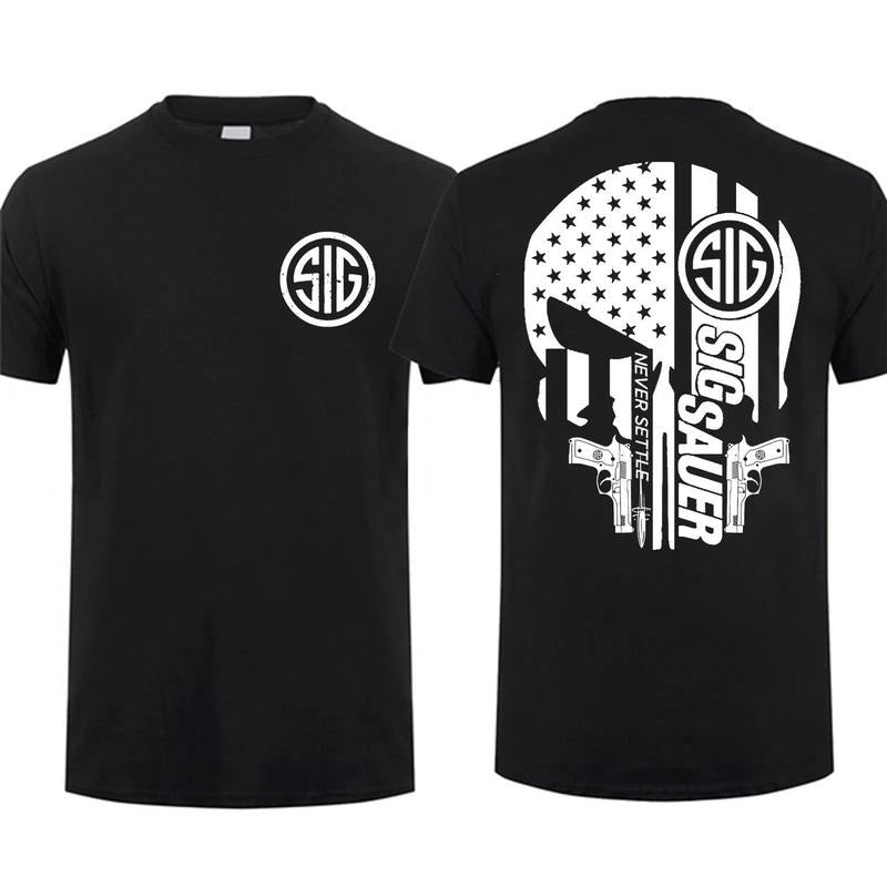 [Sale Up To 60%] Sig Sauer Skull Gun America Flag 2 Sided T-shirt Unisex Short Sleeve Casual 100% Cotton Top Menswear...