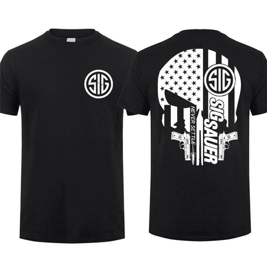 [Sale Up To 60%] Sig Sauer Skull Gun America Flag 2 Sided T-shirt Unisex Short Sleeve Casual 100% Cotton Top Menswear...