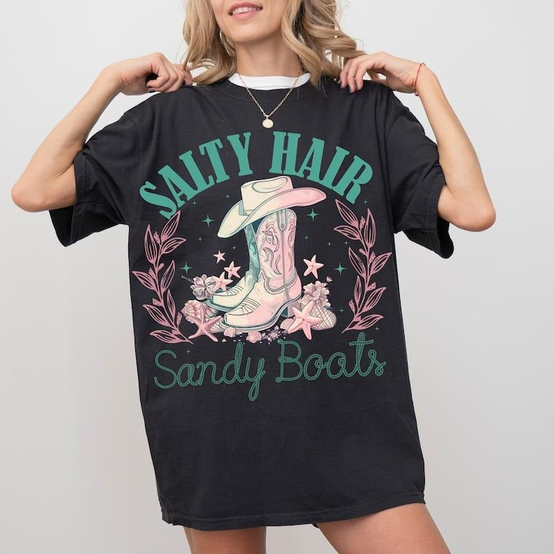 Salt hair Sandy boots T Shirt Hoodie Sweater, Summer Shirt, Western summer Shirt, Cowgirl Shirt, Western Shirt, Retro...